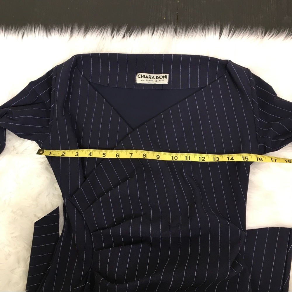 Chiara Boni Navy Blue Minna 3/4 Sleeve Pinstriped Ruched Dress Size 42 US XS - Picture 9 of 11